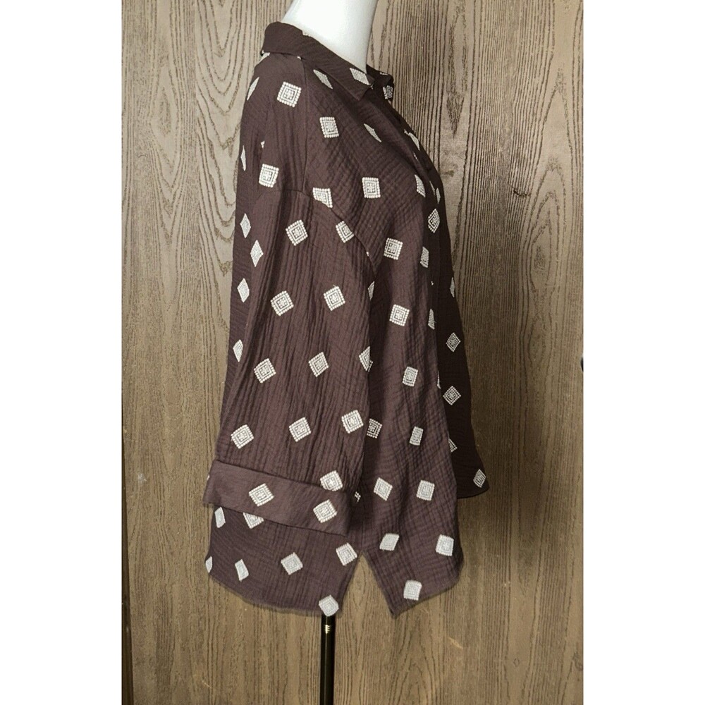 Cynthia Rowley Cotton Gauze Embroidered Button Up Blouse Brown Plus Size 1X - Picture 5 of 12